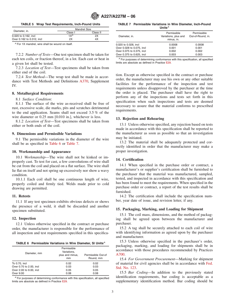 ASTM A227/A227M-06 - Standard Specification for Steel Wire, Cold-Drawn for Mechanical Springs