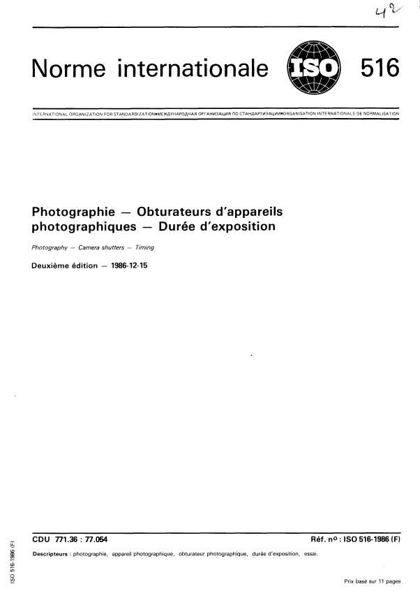 ISO 516:1986 - Photographie -- Obturateurs d'appareils photographiques -- Durée d'exposition