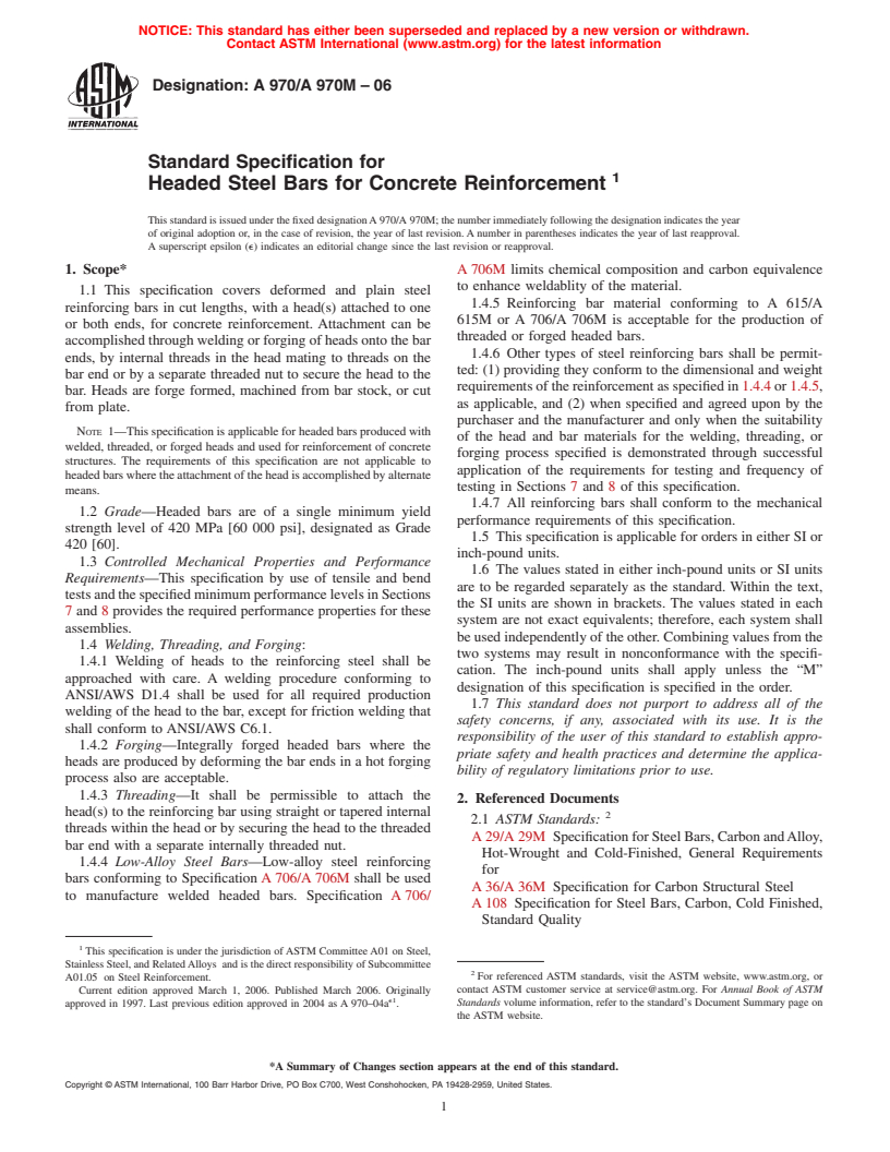 ASTM A970/A970M-06 - Standard Specification for Headed Steel Bars for Concrete Reinforcement