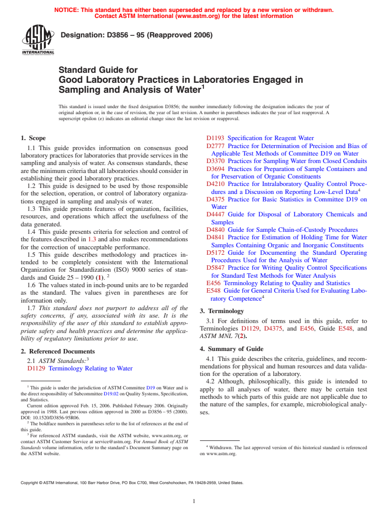 ASTM D3856-95(2006) - Standard Guide for Good Laboratory Practices in Laboratories Engaged in Sampling and Analysis of Water