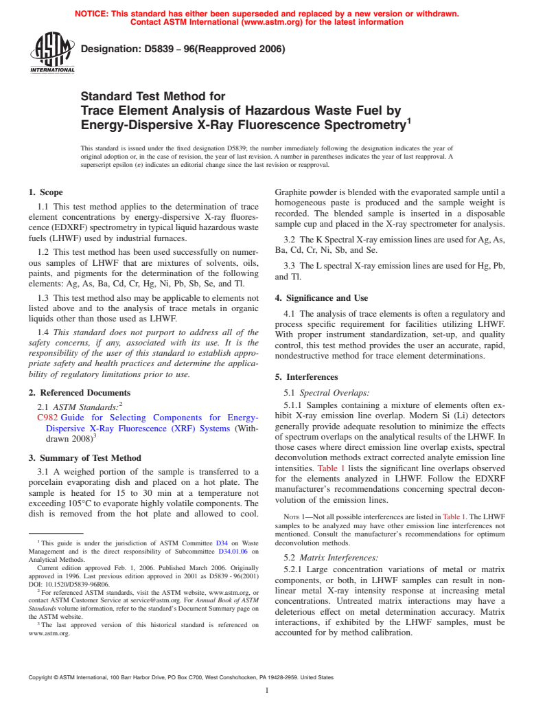 ASTM D5839-96(2006) - Standard Test Method for Trace Element Analysis of Hazardous Waste Fuel by Energy-Dispersive X-Ray Fluorescence Spectrometry (Withdrawn 2015)