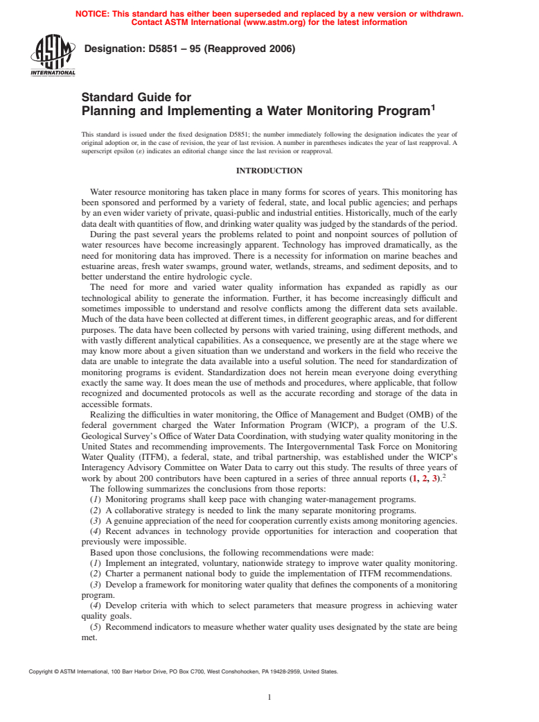 ASTM D5851-95(2006) - Standard Guide for Planning and Implementing a Water Monitoring Program