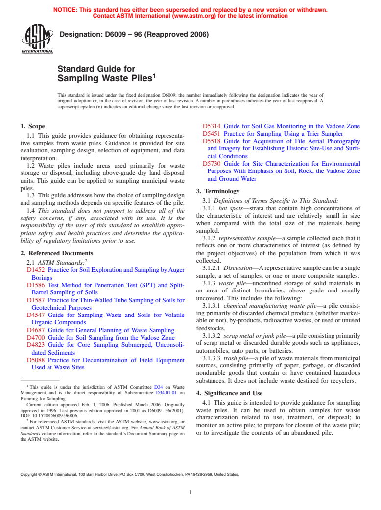 ASTM D6009-96(2006) - Standard Guide for Sampling Waste Piles