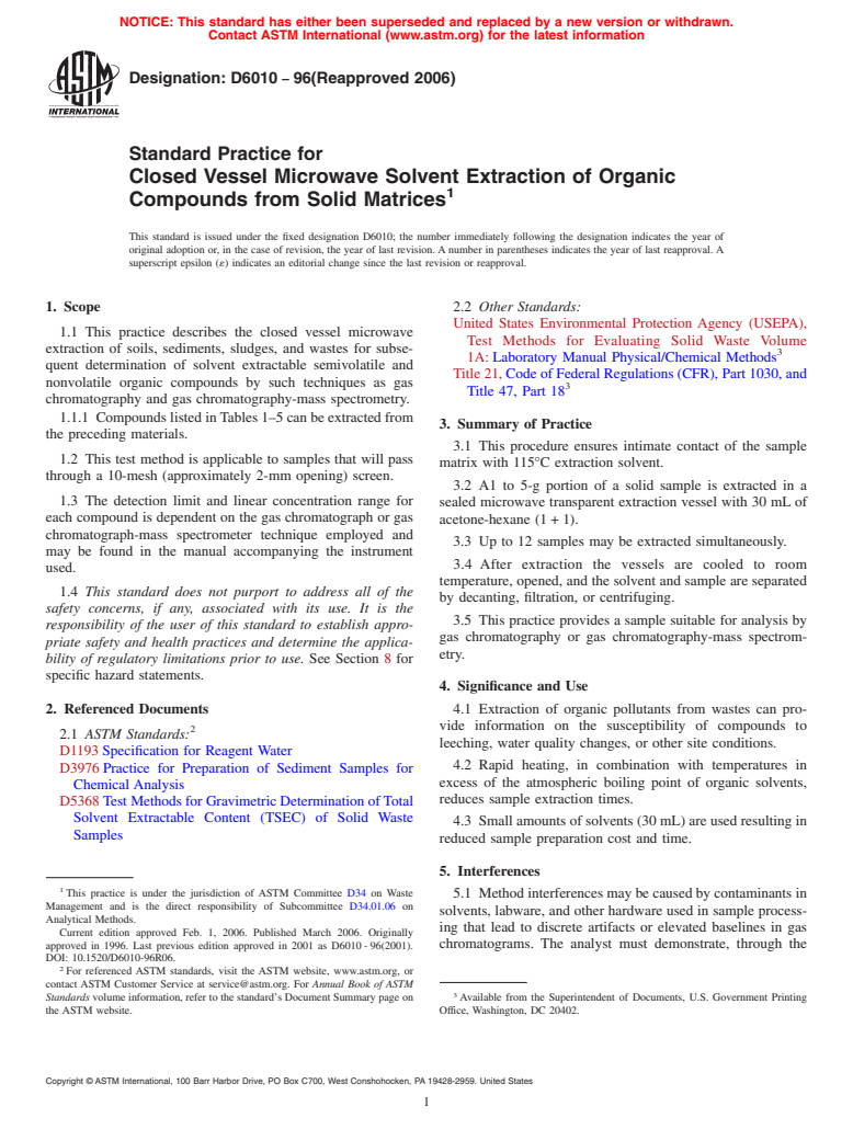 ASTM D6010-96(2006) - Standard Practice for Closed Vessel Microwave Solvent Extraction of Organic Compounds from Solid Matrices