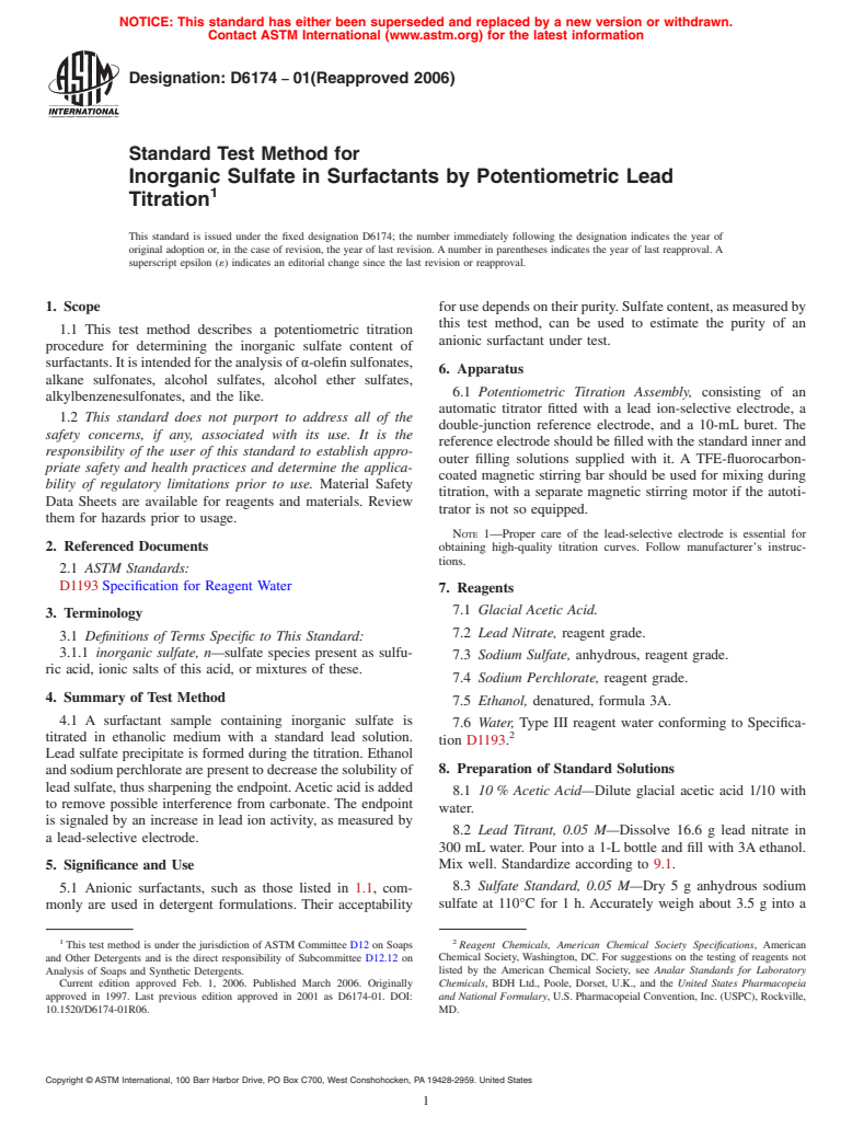 ASTM D6174-01(2006) - Standard Test Method for Inorganic Sulfate in Surfactants by Potentiometric Lead Titration (Withdrawn 2015)