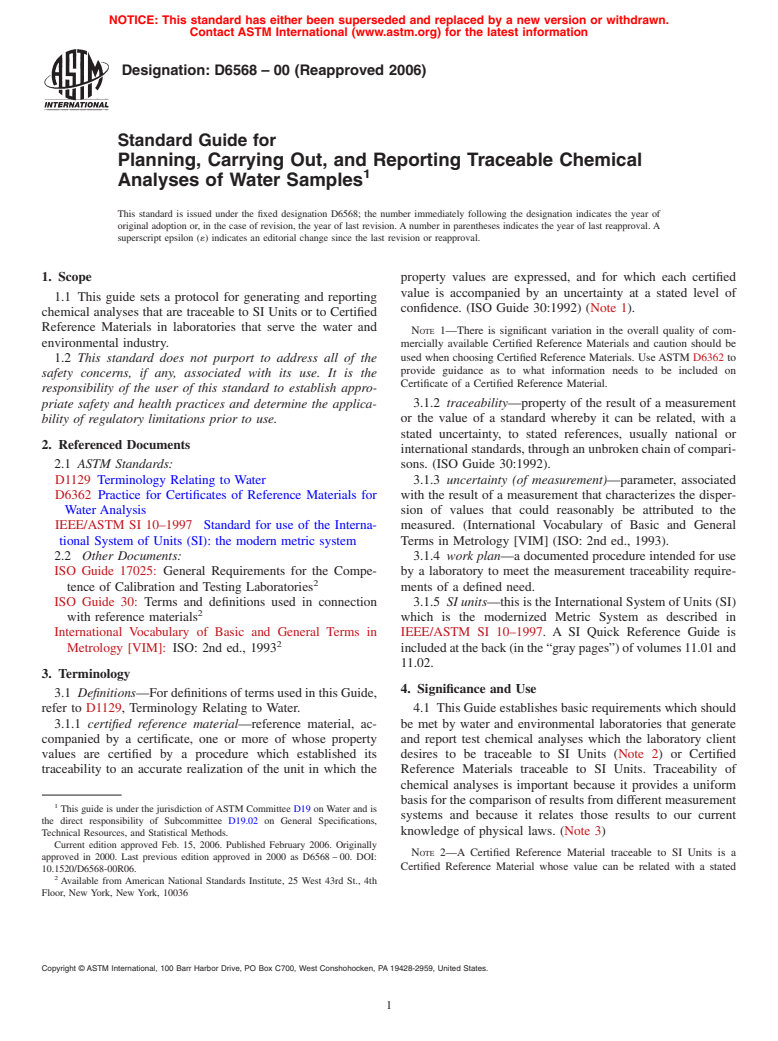 ASTM D6568-00(2006) - Standard Guide for Planning, Carrying Out, and Reporting Traceable Chemical Analyses of Water Samples