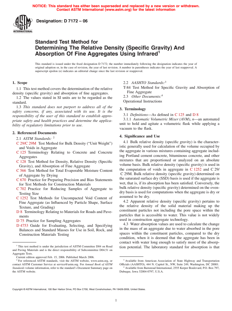 ASTM D7172-06 - Standard Test Method for Determining The Relative Density (Specific Gravity) And Absorption Of Fine Aggregates Using Infrared