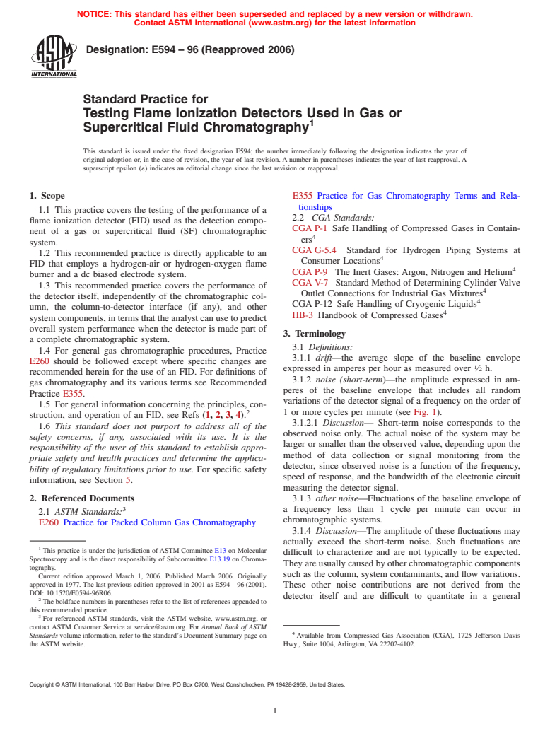 ASTM E594-96(2006) - Standard Practice for Testing Flame Ionization Detectors Used in Gas or Supercritical Fluid Chromatography