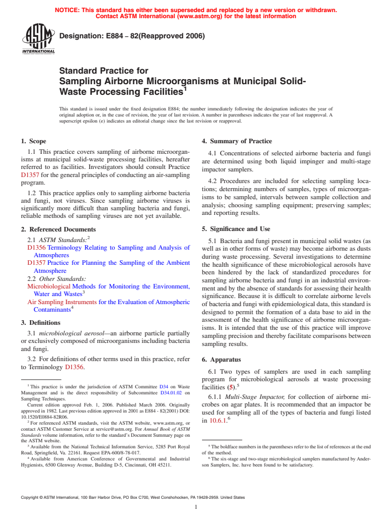 ASTM E884-82(2006) - Standard Practice for Sampling Airborne Microorganisms at Municipal Solid-Waste Processing Facilities