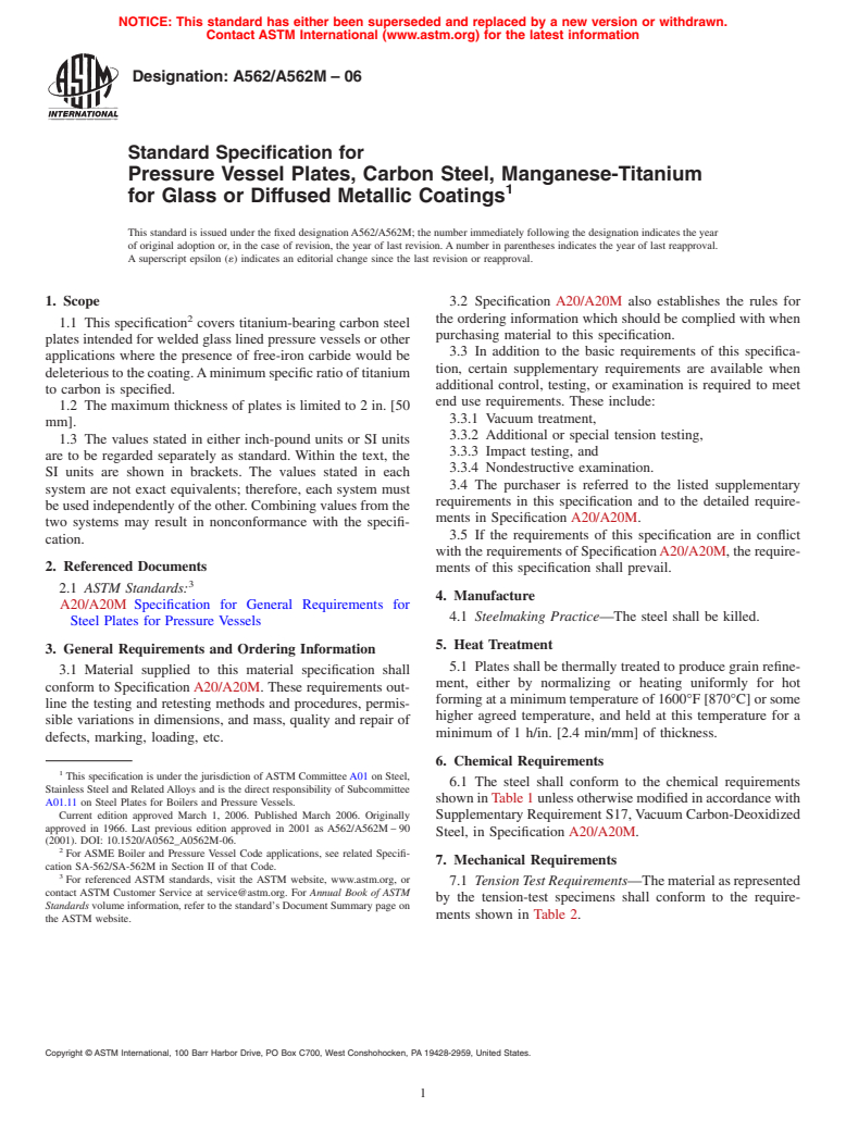 ASTM A562/A562M-06 - Standard Specification for Pressure Vessel Plates, Carbon Steel, Manganese-Titanium for Glass or Diffused Metallic Coatings