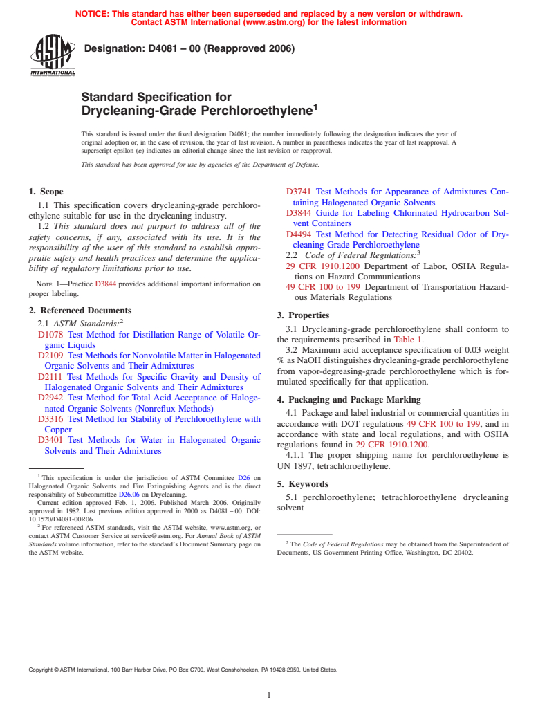 ASTM D4081-00(2006) - Standard Specification for Drycleaning-Grade Perchloroethylene