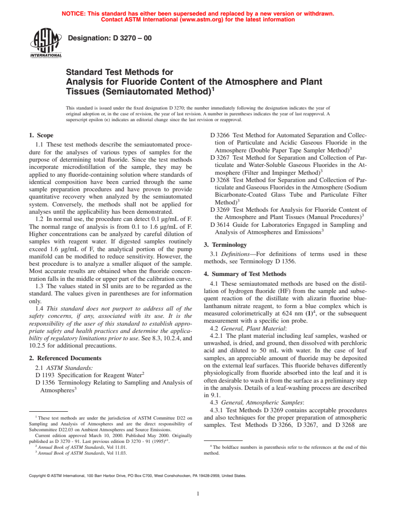 ASTM D3270-00 - Standard Test Methods for Analysis for Fluoride Content of the Atmosphere and Plant Tissues (Semiautomated Method)