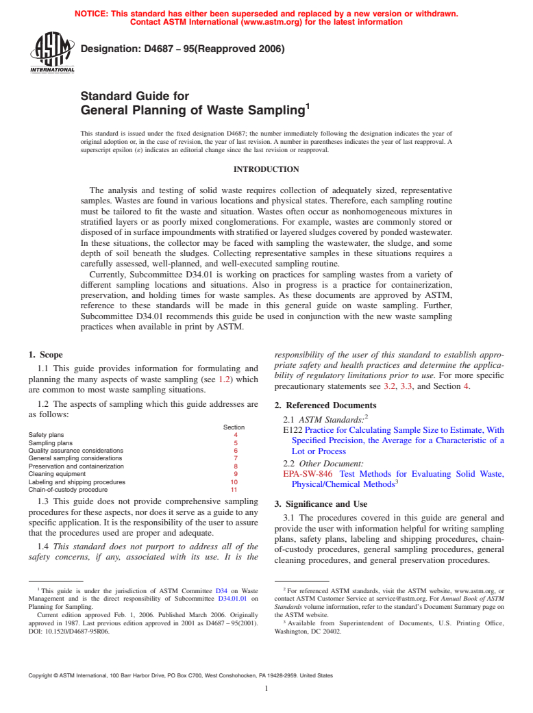 ASTM D4687-95(2006) - Standard Guide for General Planning of Waste Sampling