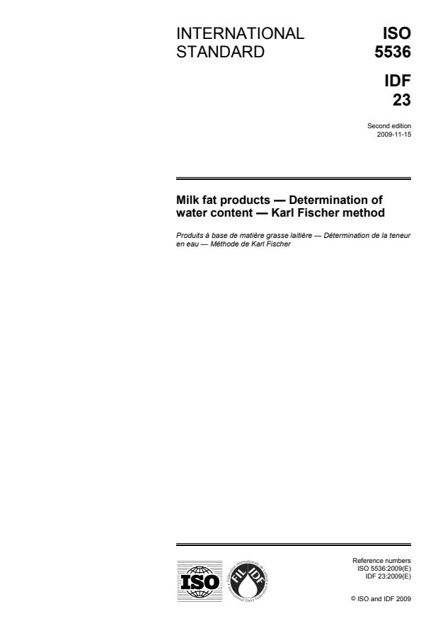 ISO 5536:2009 - Milk fat products -- Determination of water content -- Karl Fischer method