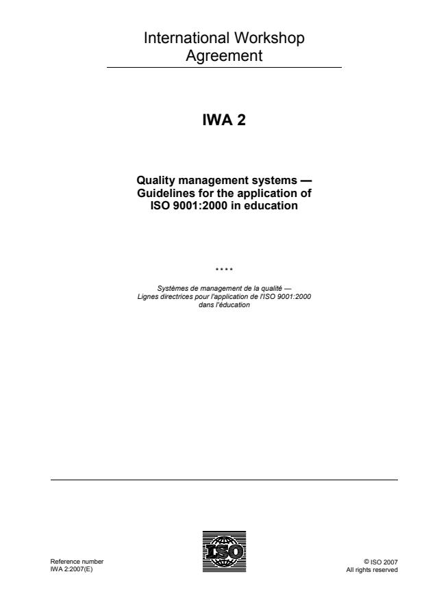 IWA 2:2007 - Quality management systems -- Guidelines for the application of ISO 9001:2000 in education
