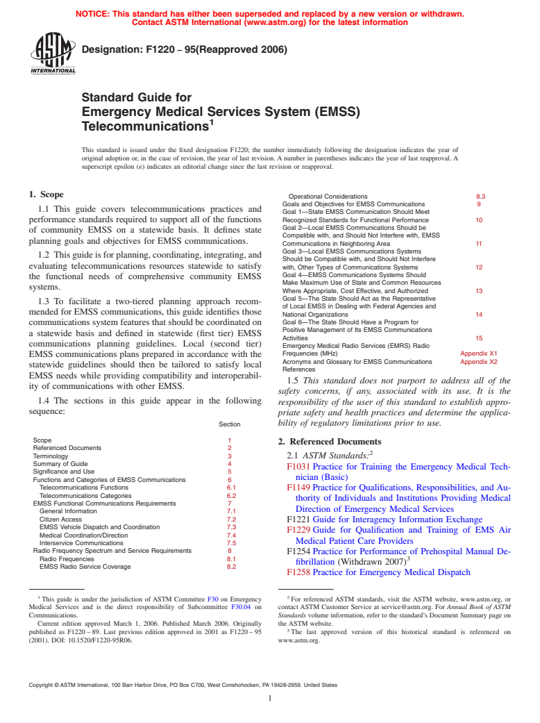 ASTM F1220-95(2006) - Standard Guide for Emergency Medical Services System (EMSS) Telecommunications
