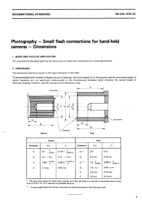 ISO 519:1974 - Photography -- Small flash connections for hand-held cameras -- Dimensions