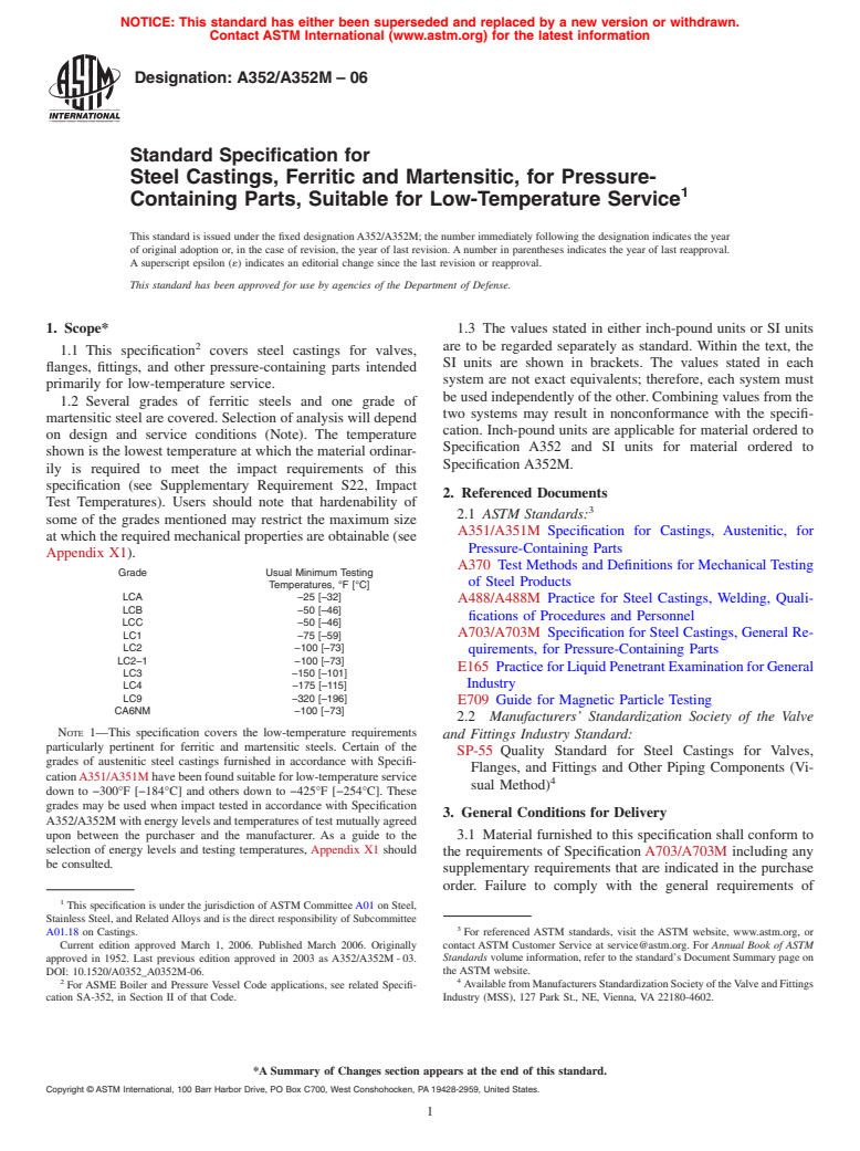 ASTM A352/A352M-06 - Standard Specification for Steel Castings, Ferritic and Martensitic, for Pressure-Containing Parts, Suitable for Low-Temperature Service