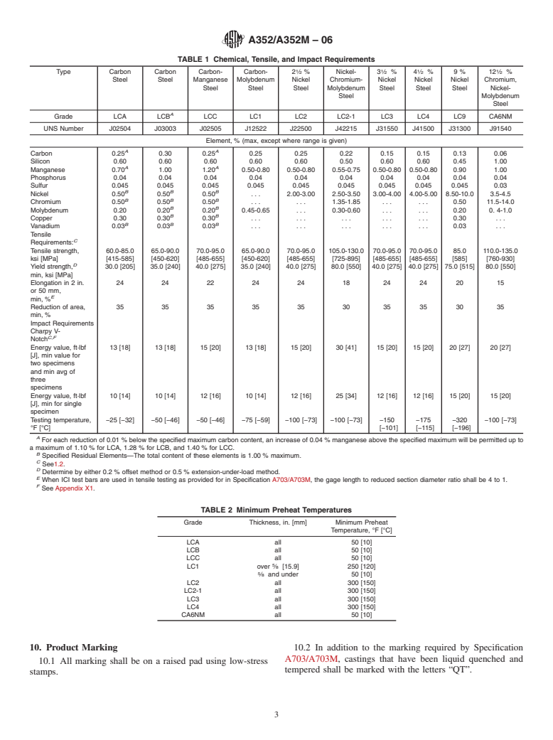 ASTM A352/A352M-06 - Standard Specification for Steel Castings, Ferritic and Martensitic, for Pressure-Containing Parts, Suitable for Low-Temperature Service