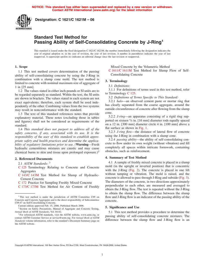 ASTM C1621/C1621M-06 - Standard Test Method for Passing Ability of Self-Consolidating Concrete by J-Ring
