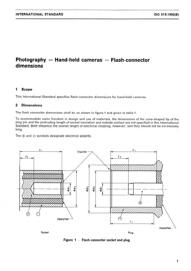 ISO 519:1992 - Photography -- Hand-held cameras -- Flash-connector dimensions