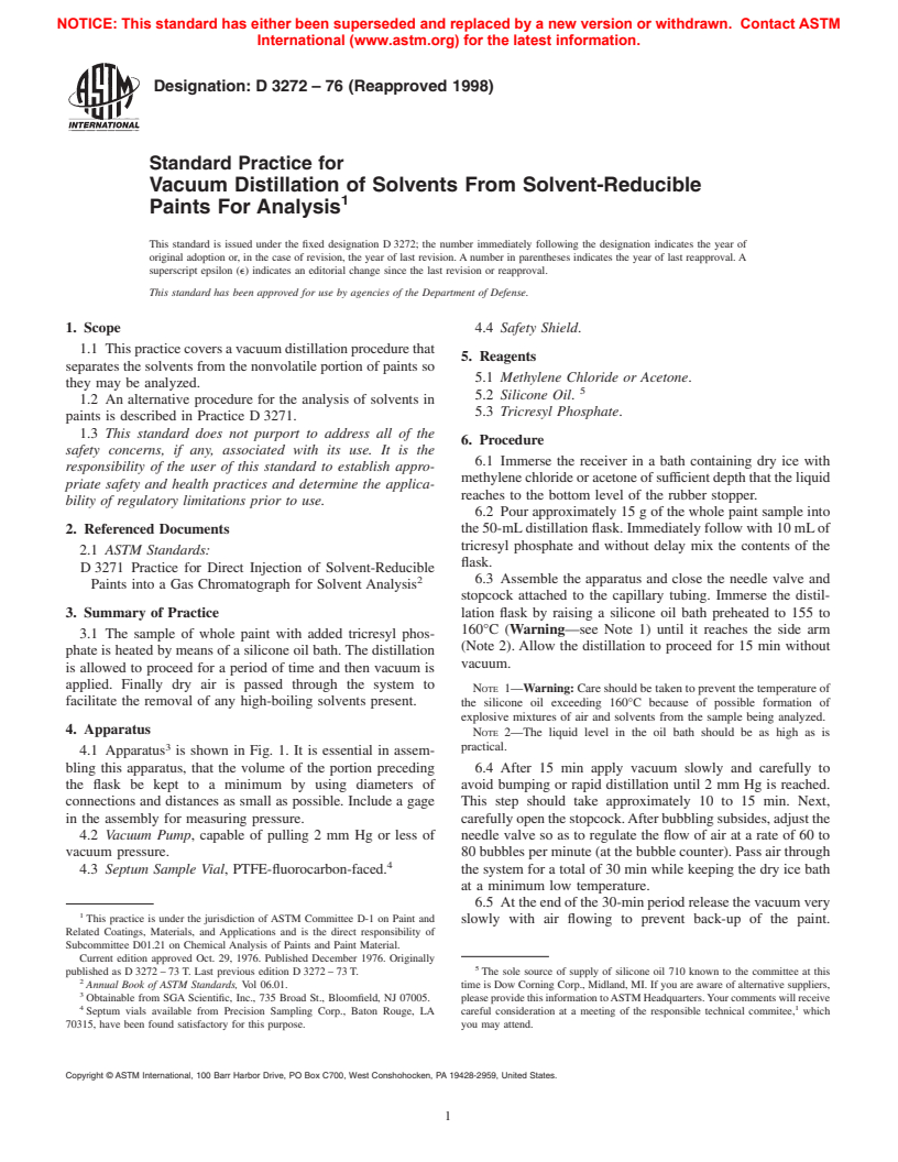 ASTM D3272-76(1998) - Standard Practice for Vacuum Distillation of Solvents From Solvent-Reducible Paints For Analysis