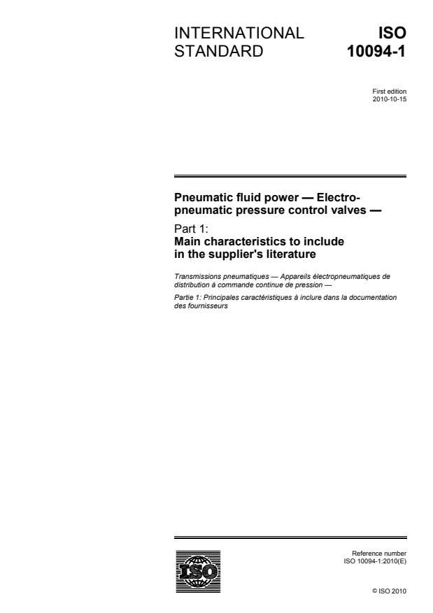 ISO 10094-1:2010 - Pneumatic fluid power -- Electro-pneumatic pressure control valves