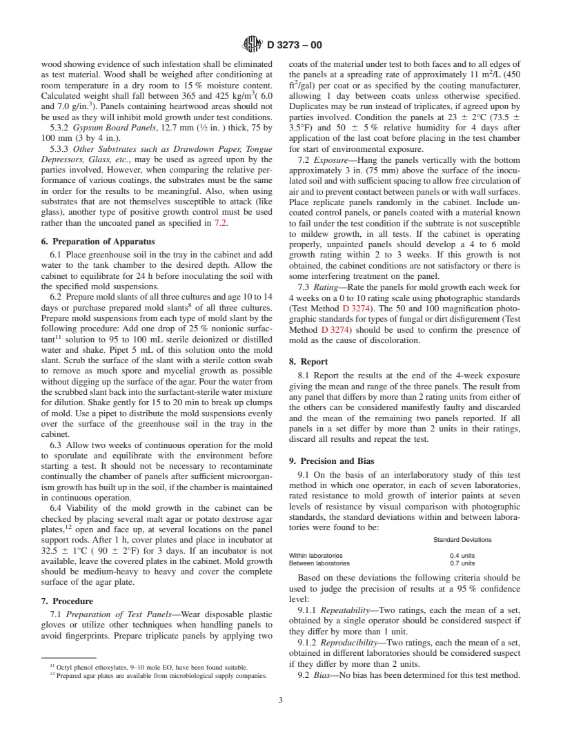 ASTM D3273-00 - Standard Test Method for Resistance to Growth of Mold on the Surface of Interior Coatings in an Environmental Chamber