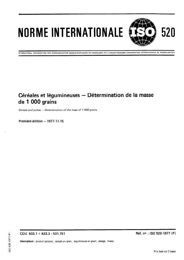 ISO 520:1977 - Céréales et légumineuses -- Détermination de la masse de 1000 grains