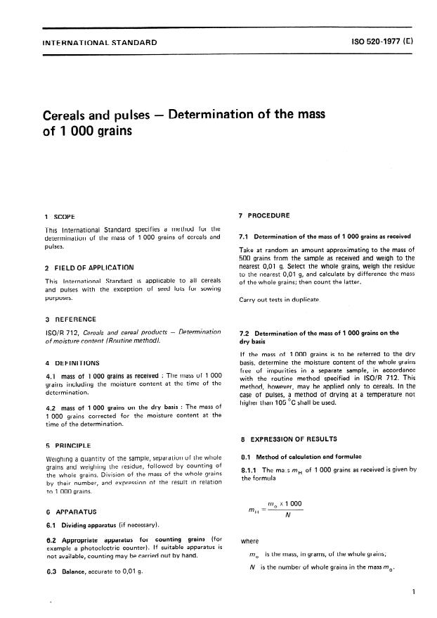 ISO 520:1977 - Cereals and pulses -- Determination of the mass of 1000 grains