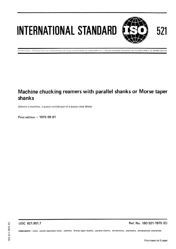 ISO 521:1975 - Machine chucking reamers with parallel shanks or Morse taper shanks