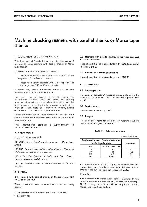 ISO 521:1975 - Machine chucking reamers with parallel shanks or Morse taper shanks