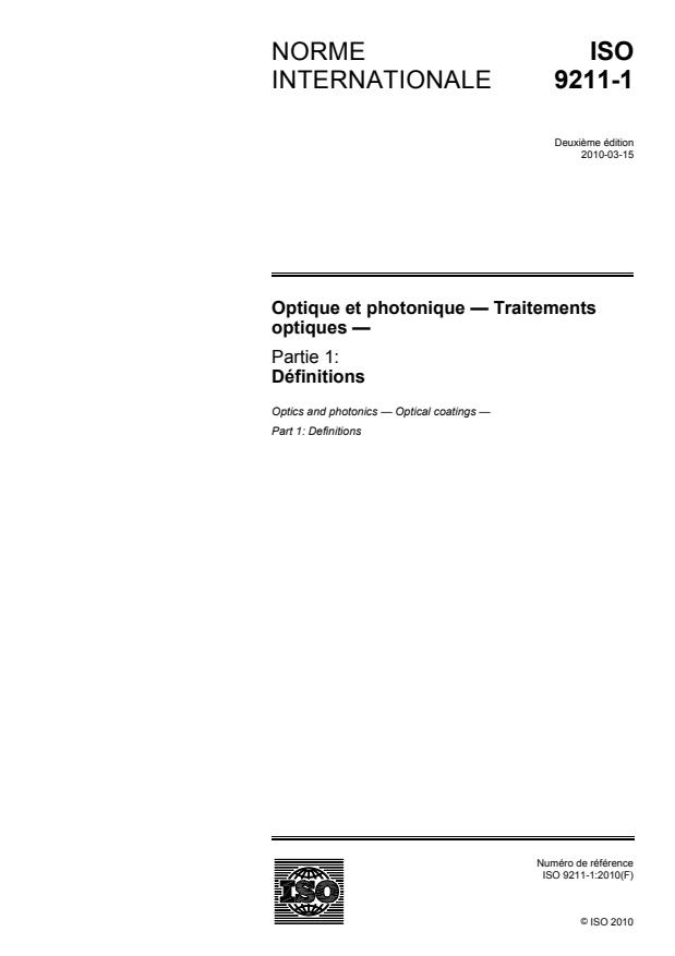 ISO 9211-1:2010 - Optique et photonique -- Traitements optiques