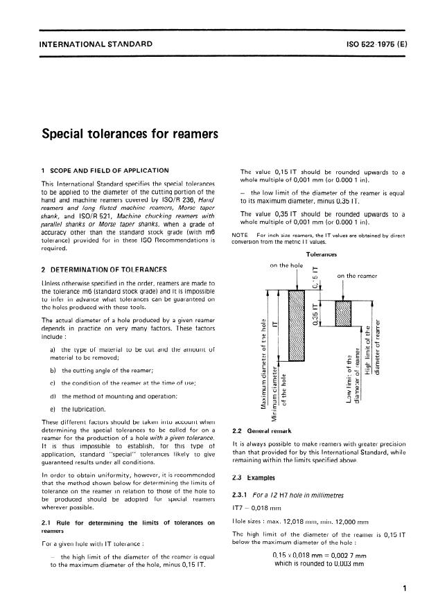 ISO 522:1975 - Special tolerances for reamers
