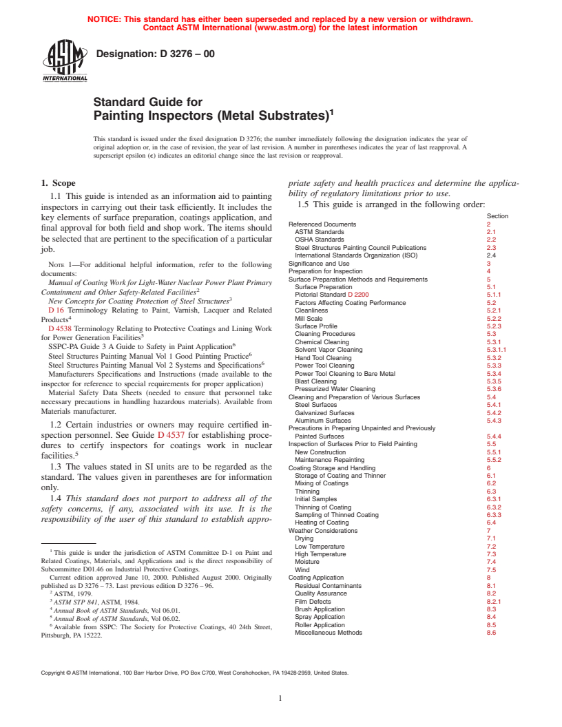 ASTM D3276-00 - Standard Guide for Painting Inspectors (Metal Substrates)