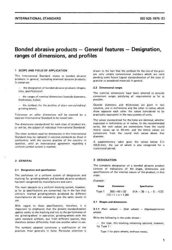ISO 525:1975 - Bonded abrasive products -- General features -- Designation, ranges of dimensions, and profiles
