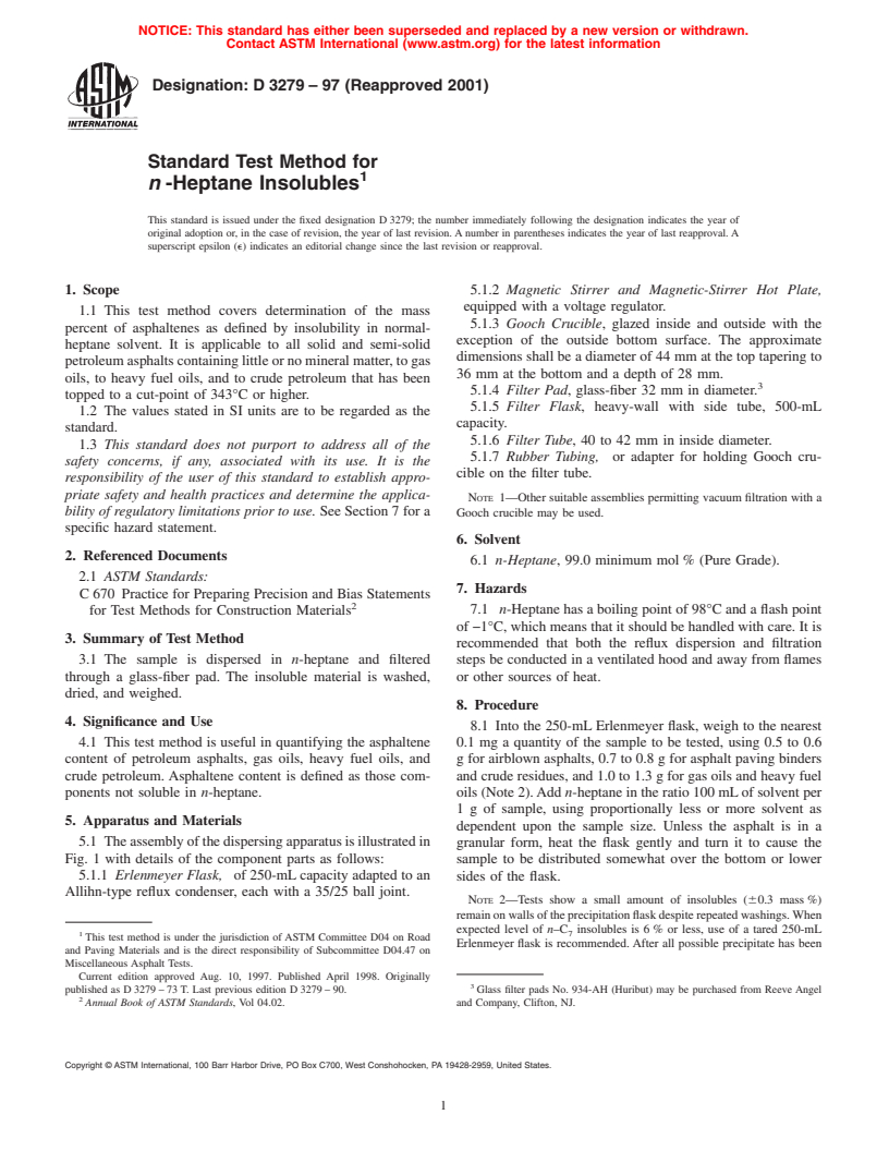 ASTM D3279-97(2001) - Standard Test Method for n-Heptane Insolubles