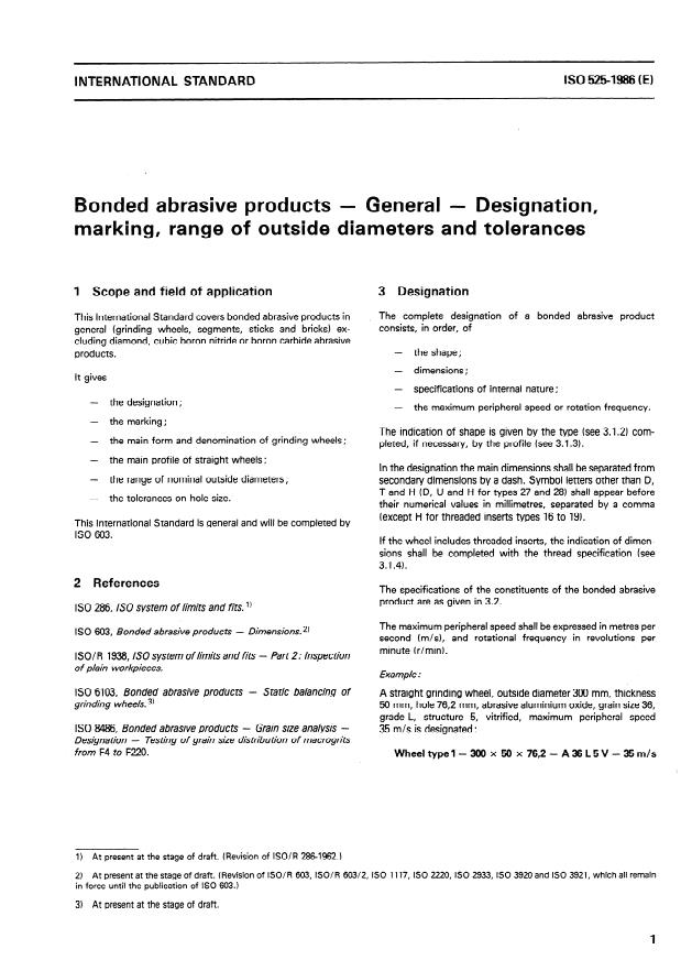 ISO 525:1986 - Bonded abrasive products -- General -- Designation, marking, range of outside diameters and tolerances