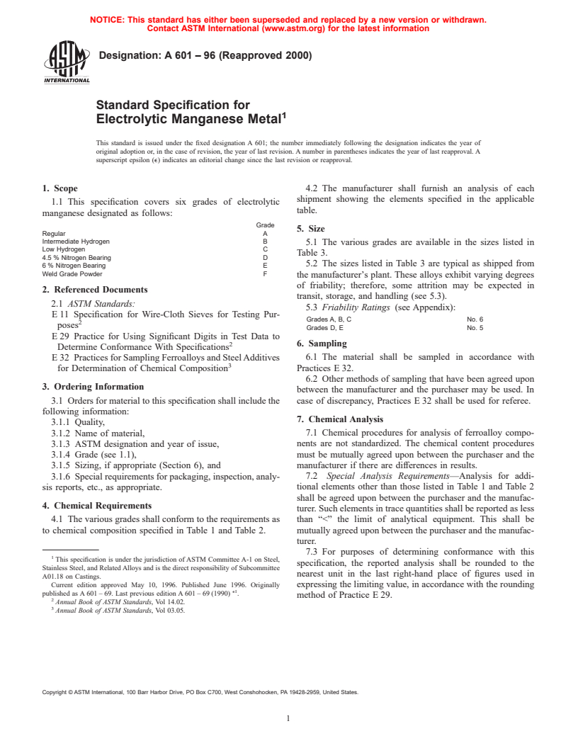 ASTM A601-96(2000) - Standard Specification for Electrolytic Manganese Metal