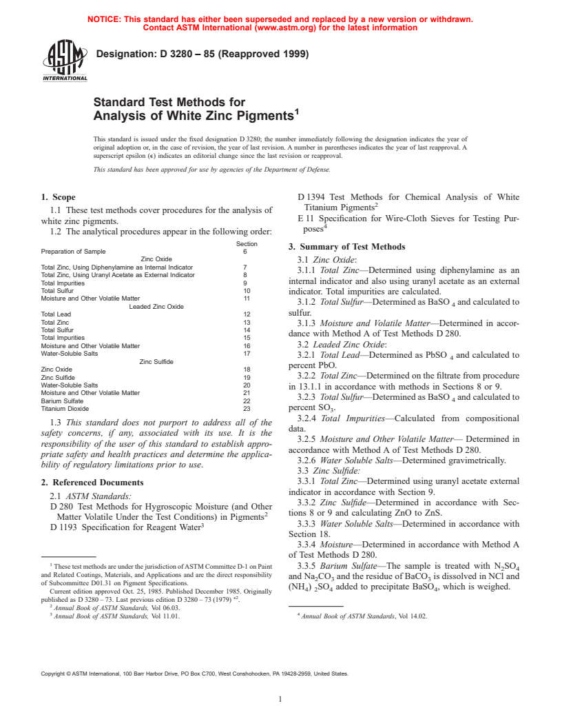 ASTM D3280-85(1999) - Standard Test Methods for Analysis of White Zinc Pigments