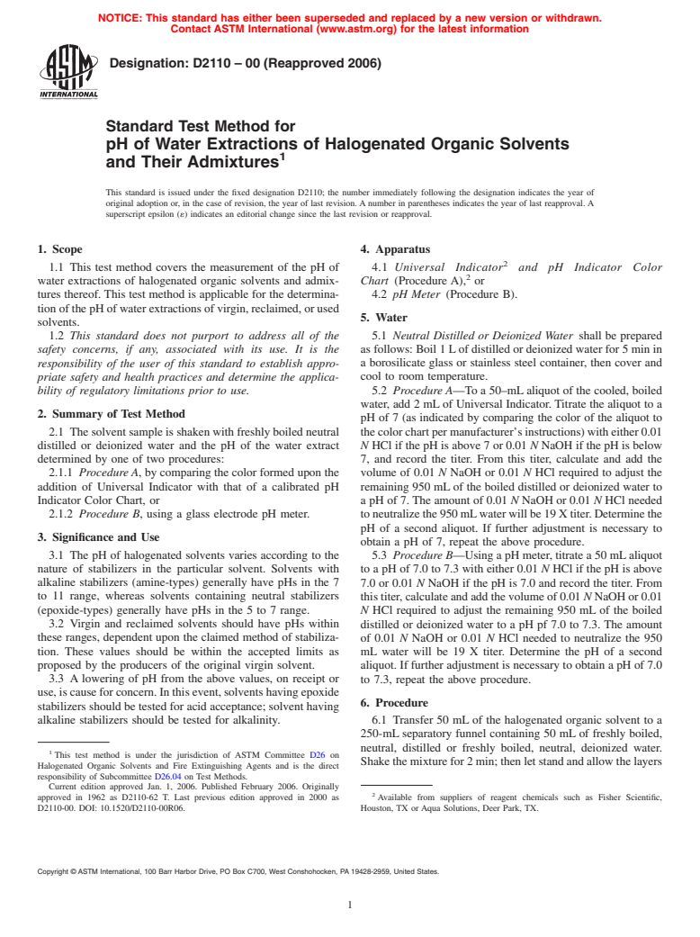 ASTM D2110-00(2006) - Standard Test Method for pH of Water Extractions of Halogenated Organic Solvents and Their Admixtures