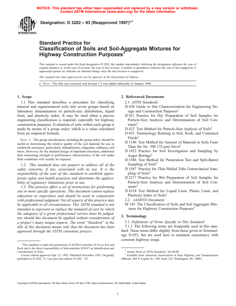 ASTM D3282-93(1997)e1 - Standard Classification of Soils and Soil-Aggregate Mixtures for Highway Construction Purposes