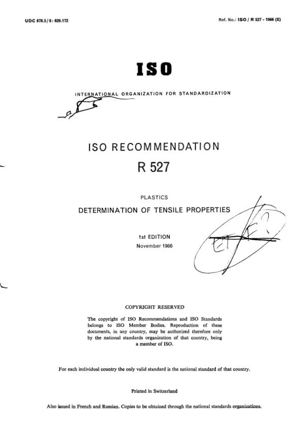ISO/R 527:1966 - Plastics -- Determination of tensile properties