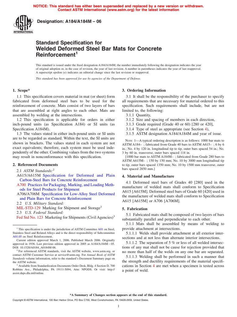 ASTM A184/A184M-06 - Standard Specification for Welded Deformed Steel Bar Mats for Concrete Reinforcement