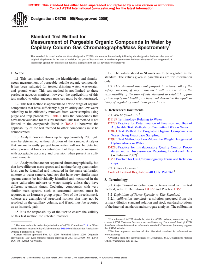 ASTM D5790-95(2006) - Standard Test Method for Measurement of Purgeable Organic Compounds in Water by Capillary Column Gas Chromatography/Mass Spectrometry