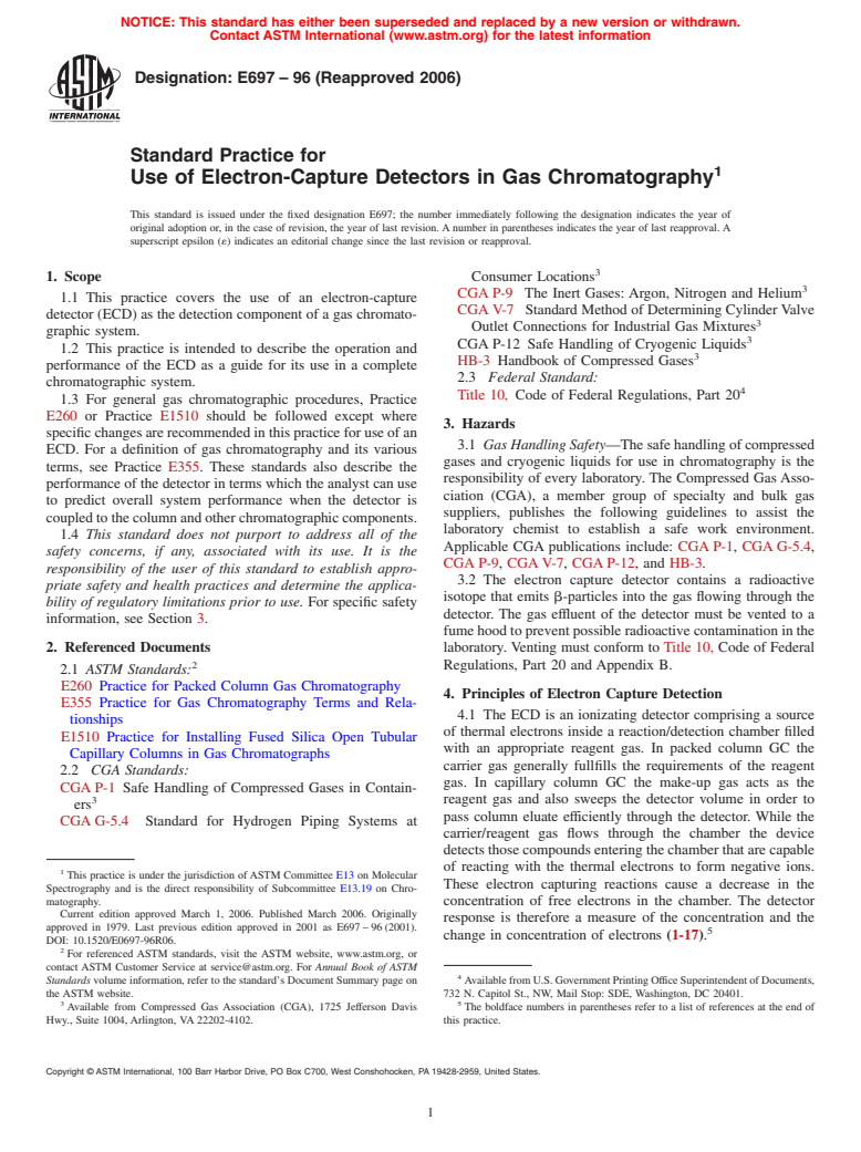 ASTM E697-96(2006) - Standard Practice for Use of Electron-Capture Detectors in Gas Chromatography