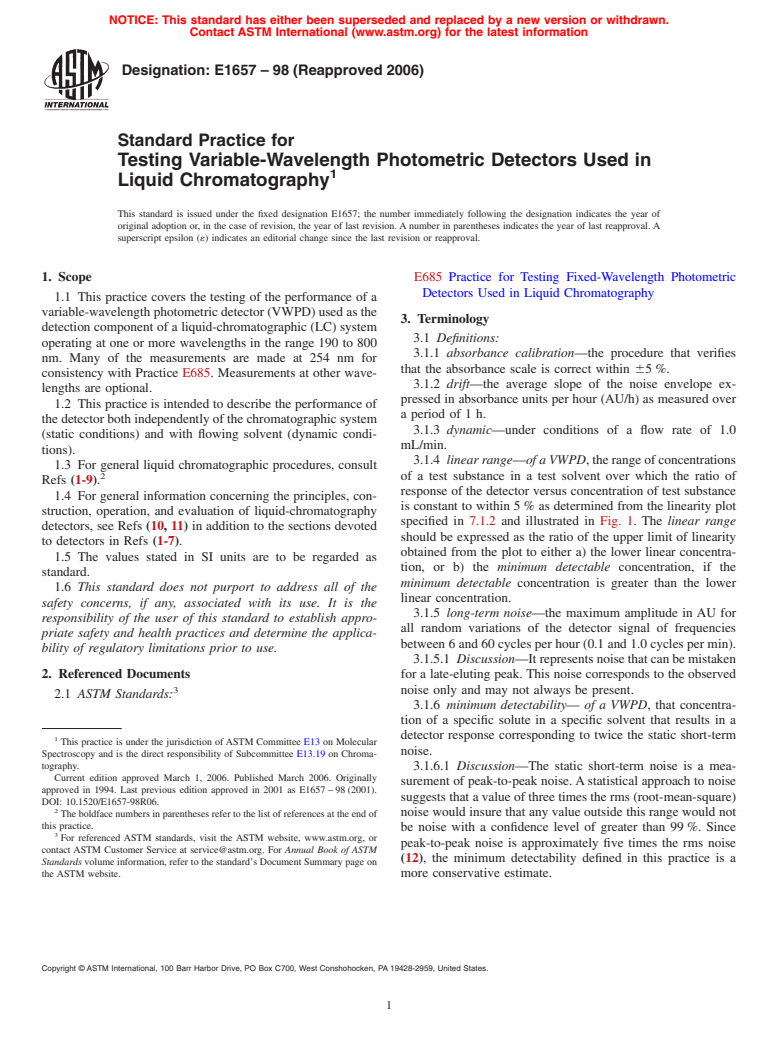 ASTM E1657-98(2006) - Standard Practice for Testing Variable-Wavelength Photometric Detectors Used in Liquid Chromatography