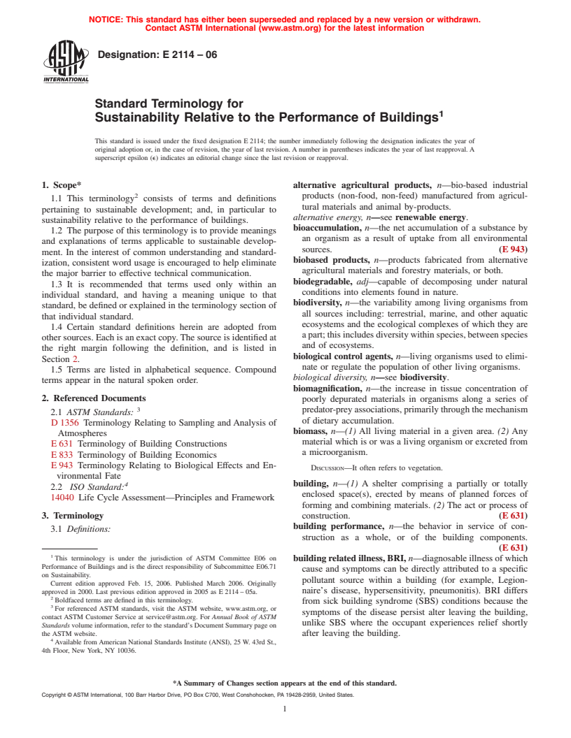ASTM E2114-06 - Standard Terminology for Sustainability Relative to the Performance of Buildings