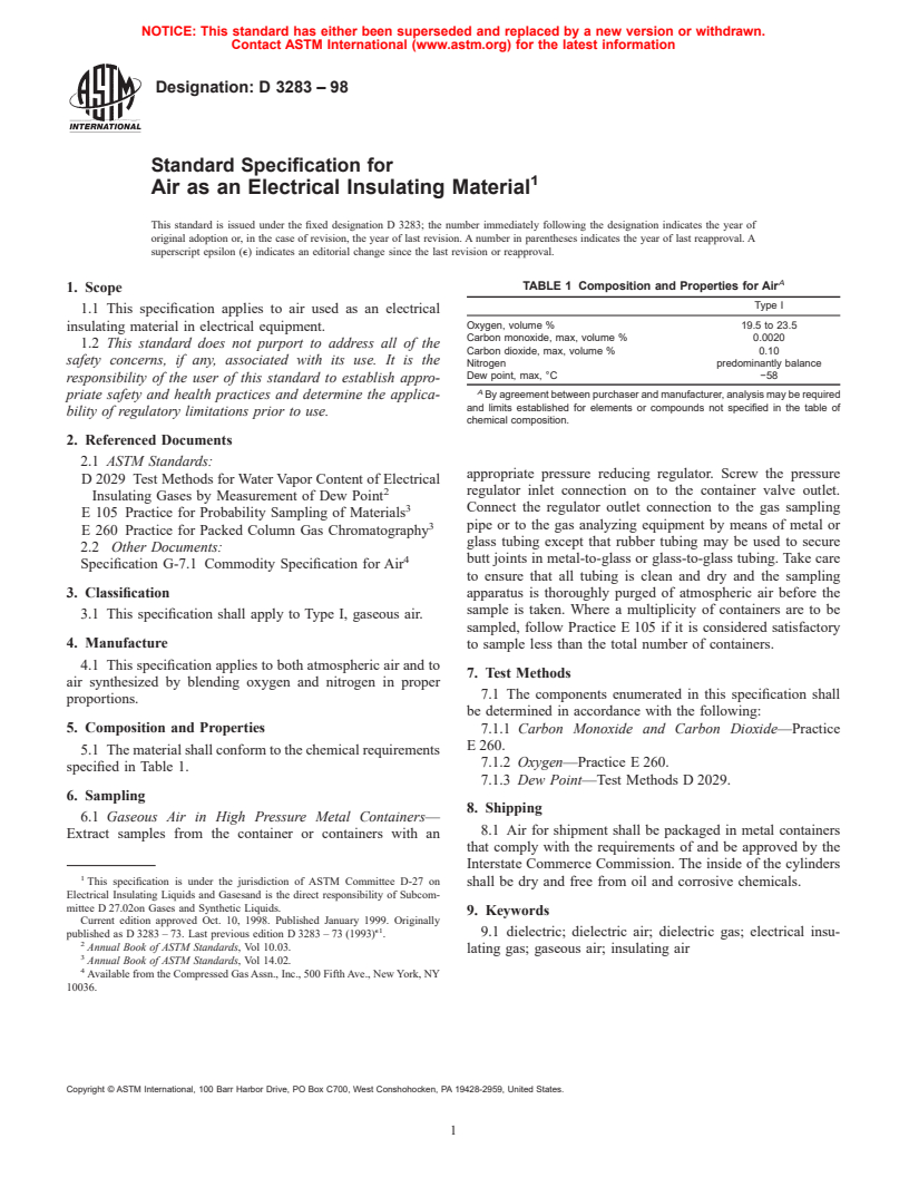 ASTM D3283-98 - Standard Specification for Air as an Electrical Insulating Material