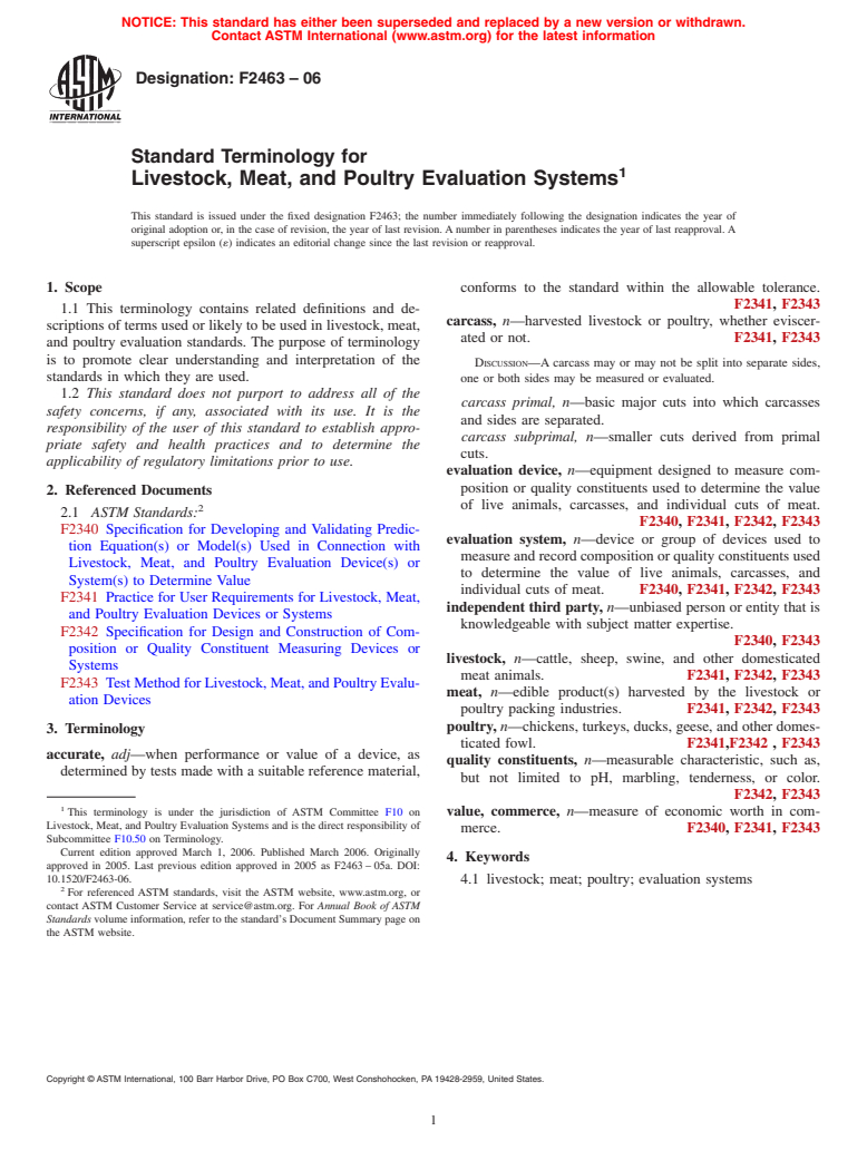 ASTM F2463-06 - Standard Terminology for Livestock, Meat, and Poultry Evaluation Systems